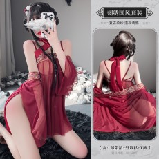 【天猫】曼烟情趣内衣性感古风红抹胸裙外罩衫三件套9568