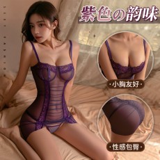 【天猫】曼烟情趣内衣性感紫色韵味蕾丝柔纱透视包臀裙睡裙短裙套装9697