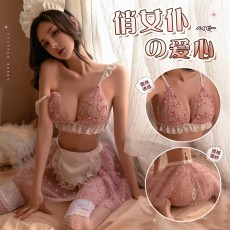 【天猫】曼烟情趣内衣蕾丝爱心点缀柔纱透视可爱女仆短裙制服套装9052