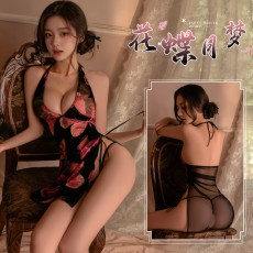 【天猫】曼烟情趣内衣性感系带挂脖露背V领高腰开叉轻纱短裙套装9036