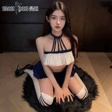【天猫】曼烟女式性感甜心宫廷绑带分体百褶短裙学生套装9377