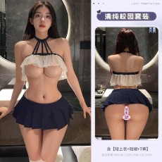 【天猫】曼烟女式性感甜心宫廷绑带分体百褶短裙学生套装9377