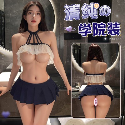【天猫】曼烟女式性感甜心宫廷绑带分体百褶短裙学生套装9377