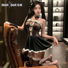 【天猫】曼烟性感蕾丝抹胸透视温柔小女仆猫女睡裙套装9436