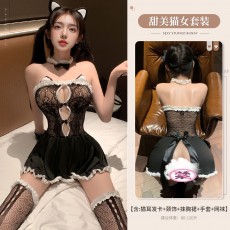 【天猫】曼烟性感蕾丝抹胸透视温柔小女仆猫女睡裙套装9436