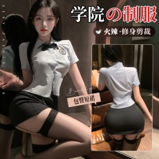 【天猫】曼烟情趣内衣性感蝴蝶结开叉紧身包臀短裙JK校园制服套装9581