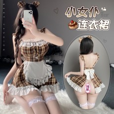 【天猫】曼烟情趣内衣性感蕾丝花边露背后开叉格子女仆连衣裙COS套装1772