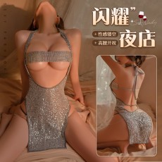 【天猫】曼烟情趣内衣性感挂脖露背抹胸璀璨闪亮夜店开衩短裙套装1634
