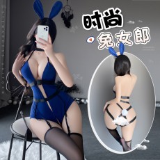 【天猫】曼烟情趣内衣性感深V挂脖镂空时尚兔女郎紧身开档连体衣制服8903