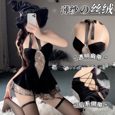 【天猫】曼烟情趣内衣性感丝绒抹胸美背银丝蛛网夜店镂空绑带连衣裙100028
