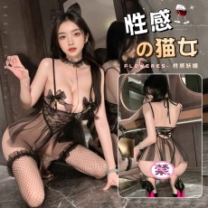 【天猫】曼烟情趣内衣性感蕾丝系带薄纱铃铛开档透视猫女吊带睡裙9494