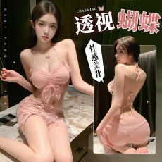 【天猫】曼烟情趣内衣性感蝴蝶绑带透视美背深V三点式包臀短裙100051