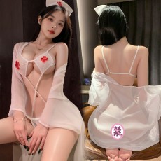 【天猫】曼烟情趣内衣女性感透视美背三点紧身连体护士外罩衫制服100095
