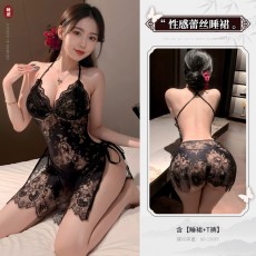 【天猫】曼烟情趣内衣性感深V蕾丝系带透视开叉裙摆吊带睡裙9105