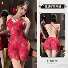 【天猫】曼烟情趣内衣性感深V蕾丝系带透视开叉裙摆吊带睡裙9105