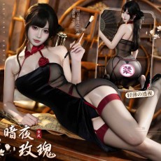 【天猫】曼烟情趣内衣女性感挂脖盘扣立领透视美背玫瑰开衩旗袍制服100272