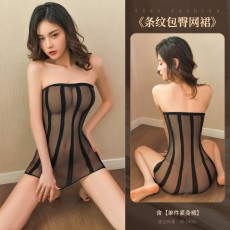 【天猫】网红风曼烟女式性感透视时尚条纹抹胸紧身包臀短裙网衣9389