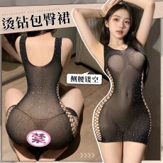 【天猫】曼烟情趣内衣女性感U形烫钻侧腰镂空无袖包臀裙透视紧身网衣7970