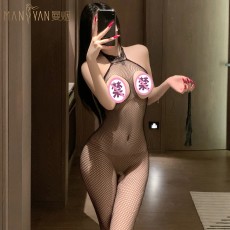 情趣内衣 性感开裆露乳连身袜围脖镂脖挂肩网衣WY7908