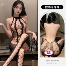 【天猫】曼烟性感渔网挂脖镂空网衣连身袜情趣丝袜开档免脱9318