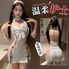 【天猫】曼烟情趣内衣女性感挂脖镂空美背柔纱蝴蝶结纯欲护士制服100523