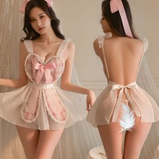 【天猫】曼烟情趣内衣女纯欲透视格纹透视女仆蝴蝶结制服系带睡裙100454