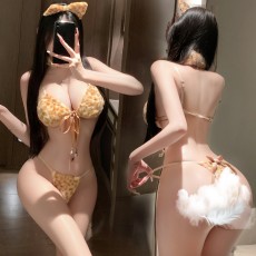 【天猫】曼烟情趣内衣女性感毛绒深v低领吊带秋冬系带豹纹三点制服100549
