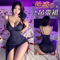 【天猫】曼烟情趣内衣女性感紧身深v低领高开衩长款吊带包臀裙睡裙100658