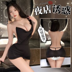 【天猫】曼烟情趣内衣女性感细闪低胸荡领包臀纯欲挂脖睡裙夜店制服100810
