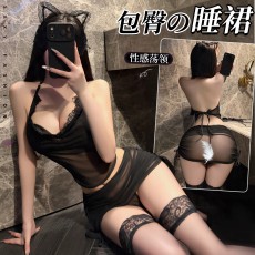 【天猫】曼烟情趣内衣女性感荡领堆褶包臀睡裙分体挂脖系带秘书制服100682